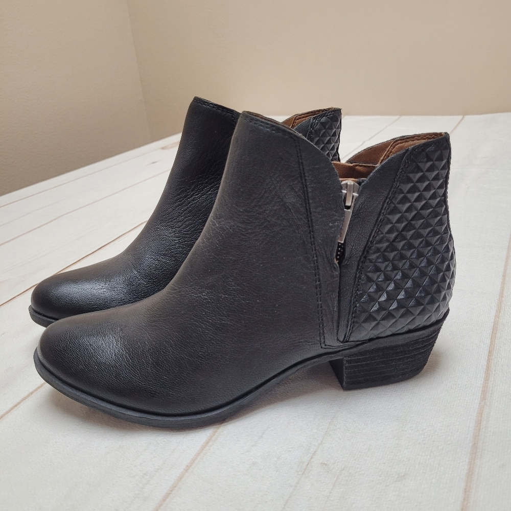 Lucky Brand Brennon black leather ankle boots booties studded diamond